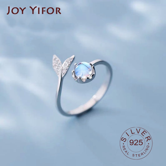 925 Sterling Silver Cute tail moonstone Adjustable Ring