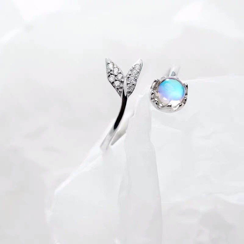 925 Sterling Silver Cute tail moonstone Adjustable Ring