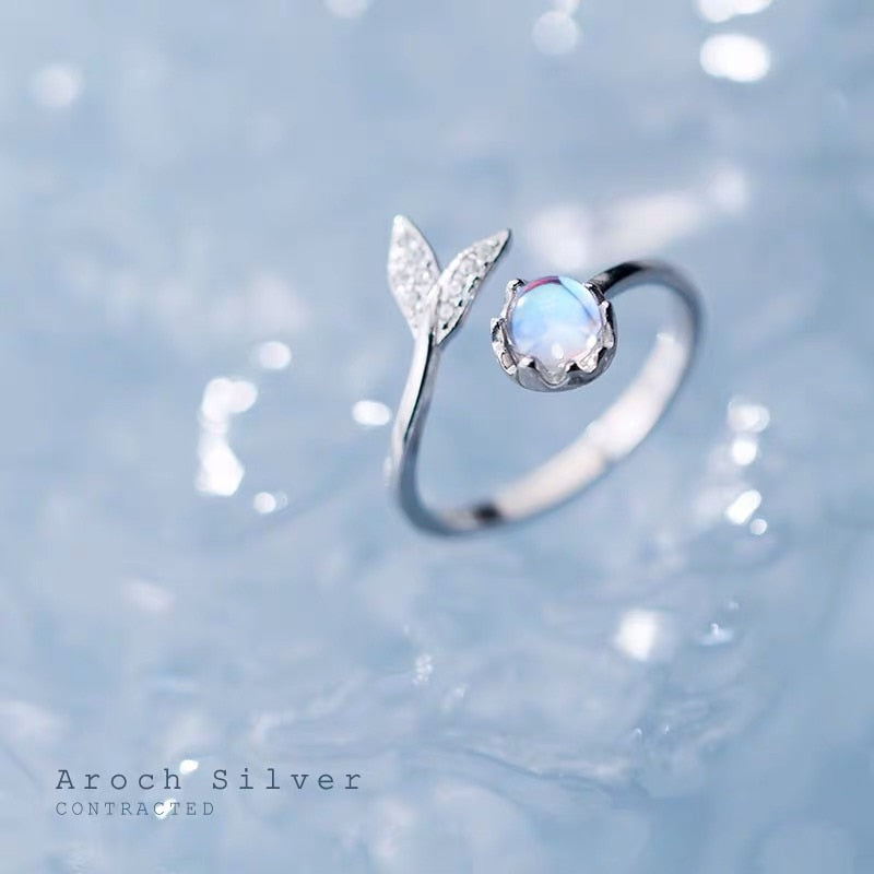 925 Sterling Silver Cute tail moonstone Adjustable Ring